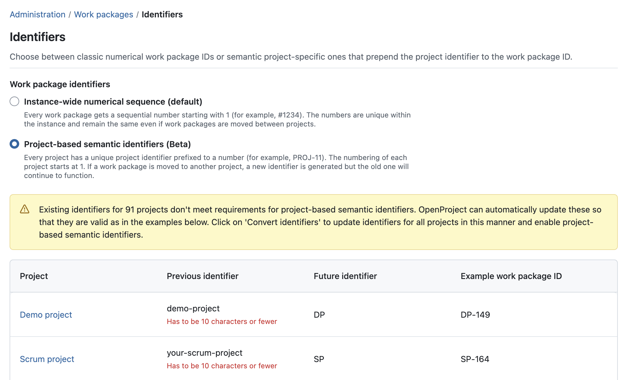 OpenProject administration to select either 'Instance-wide numerical sequence (default)' or 'Project-based semantic identifiers'