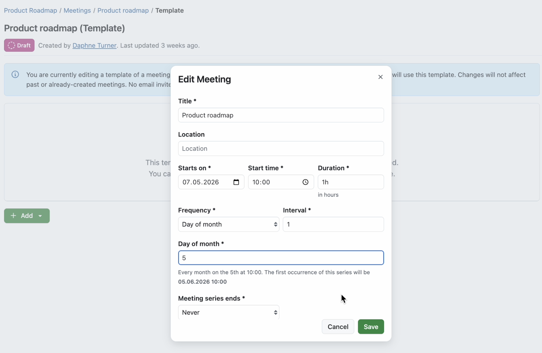 OpenProject meeting with overlay to Edit, set to "Every month on the fifth"