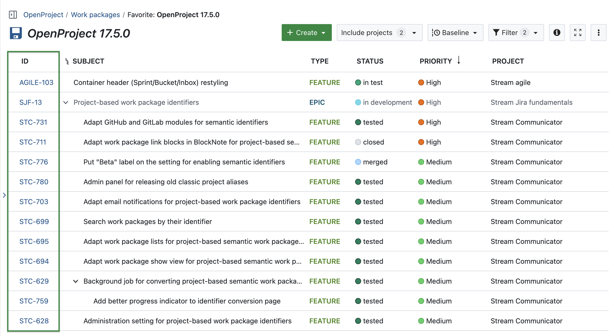 Work package table for version 17.5 with highlighted project-based work package IDs