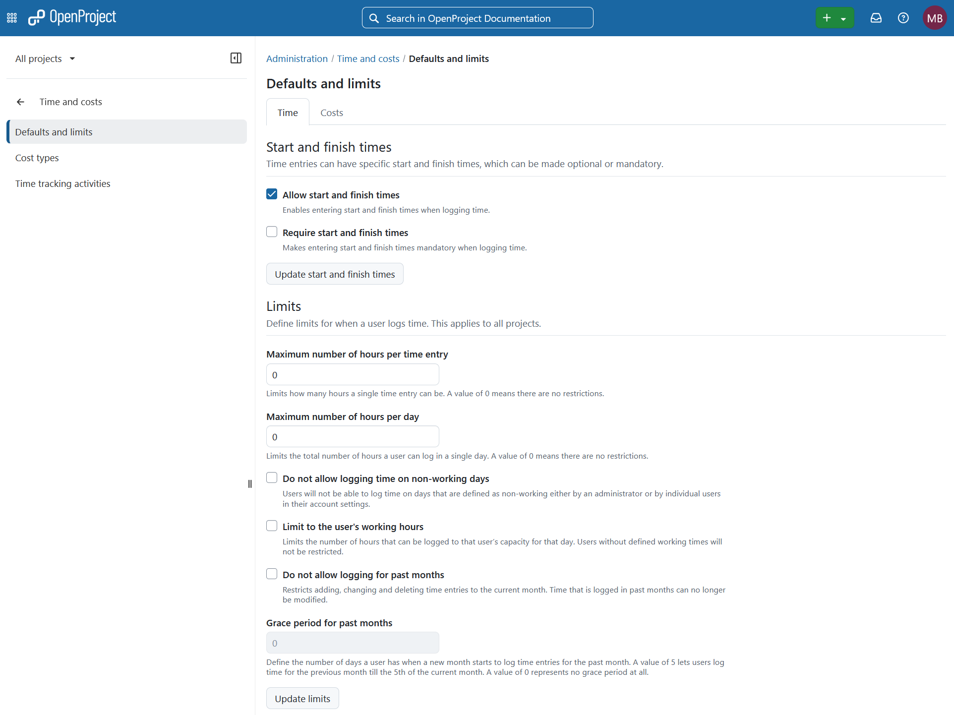 Global restrictions for time entries in OpenProject administration
