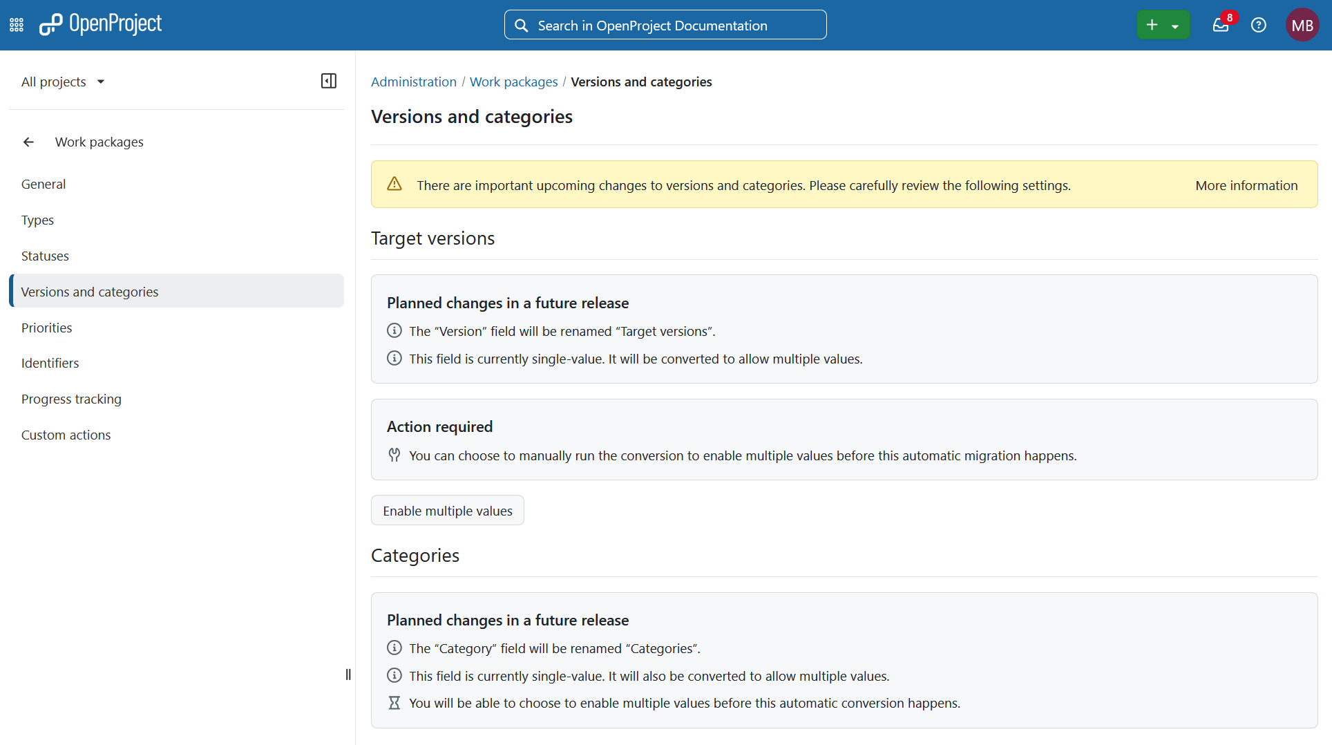 Versions and categories in OpenProject administration