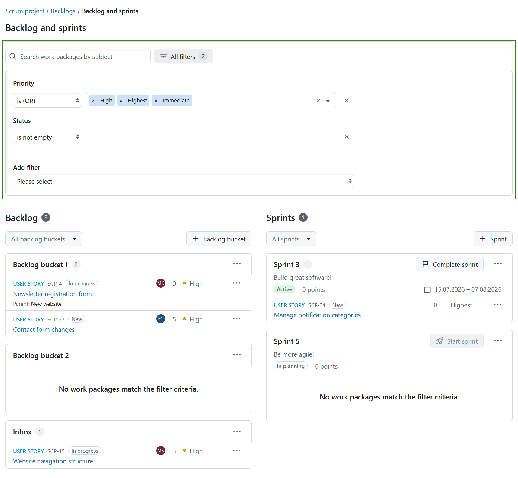 Filtering work packages in the OpenProject Backlogs view