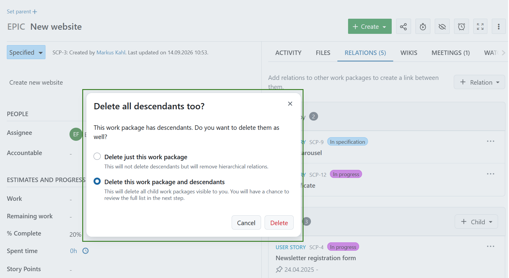 Message asking you to choose whether to delete descendants when deleting a work package in OpenProject