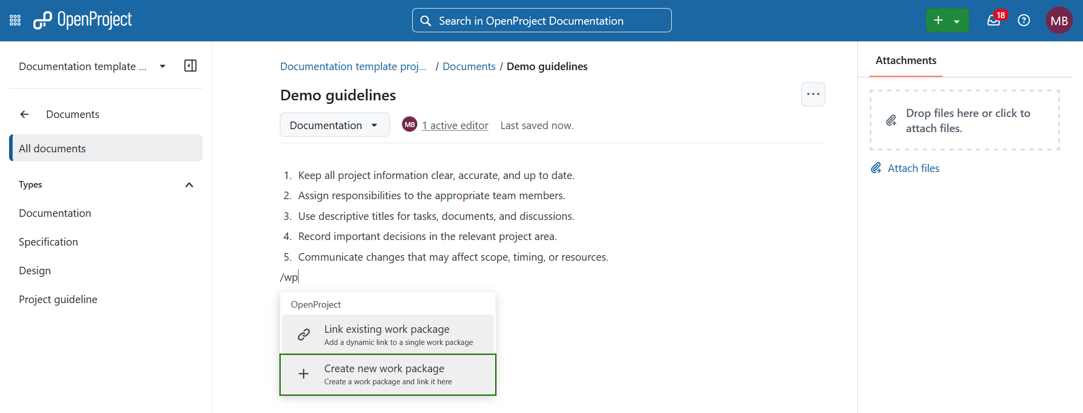 Creating a new work package directly from an OpenProject document
