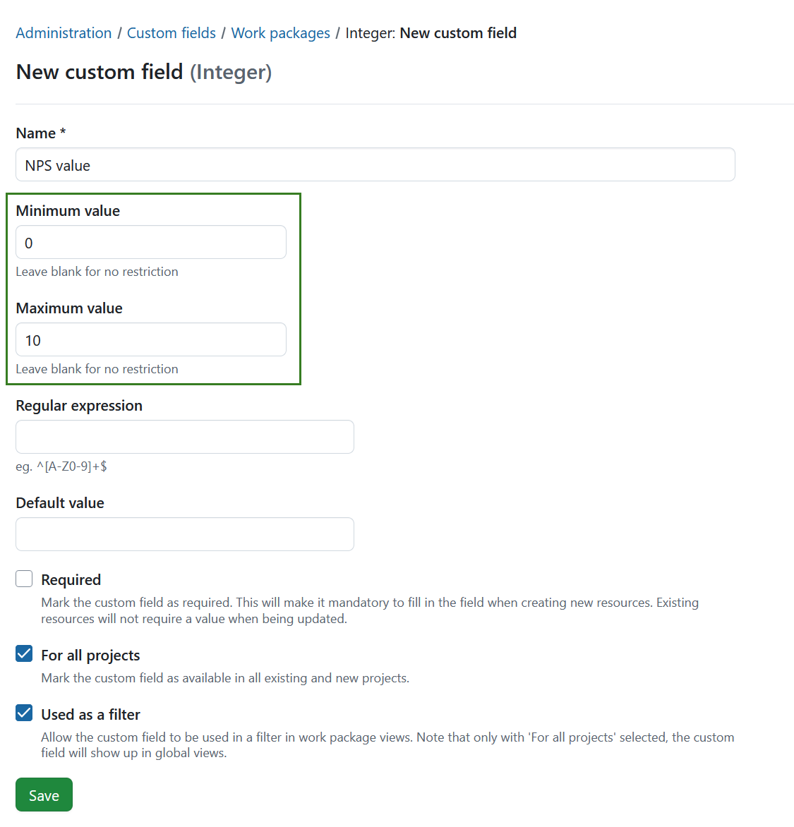 Configuring minimum and maximum values for a number custom field