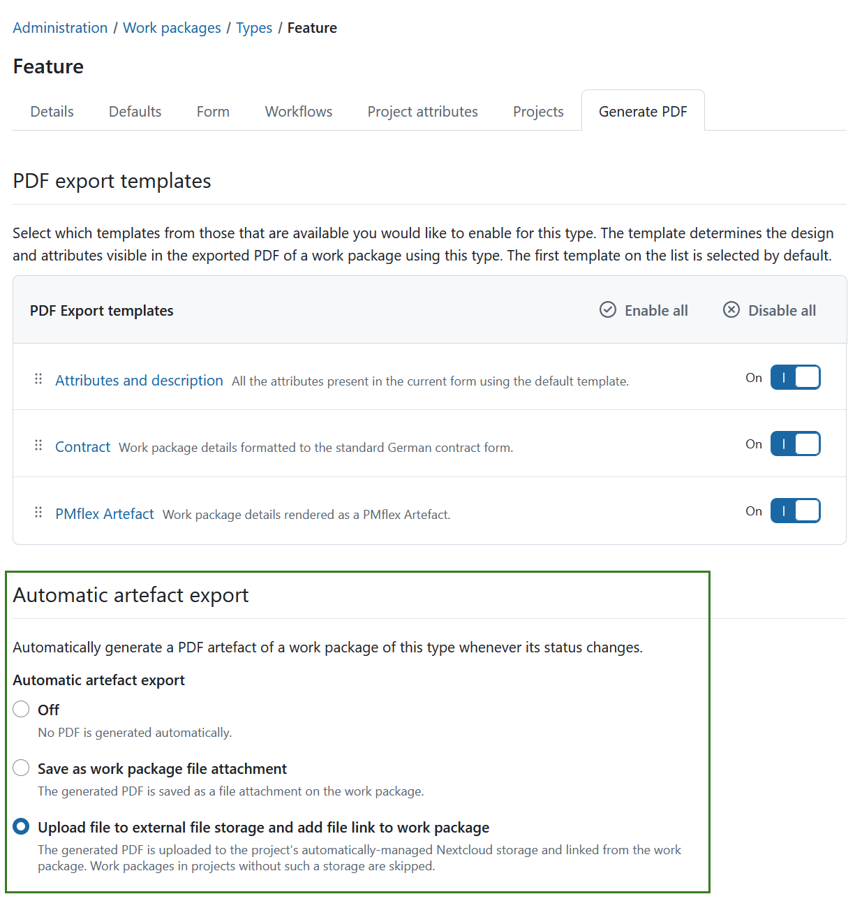 Default PDF export settings for a work package type