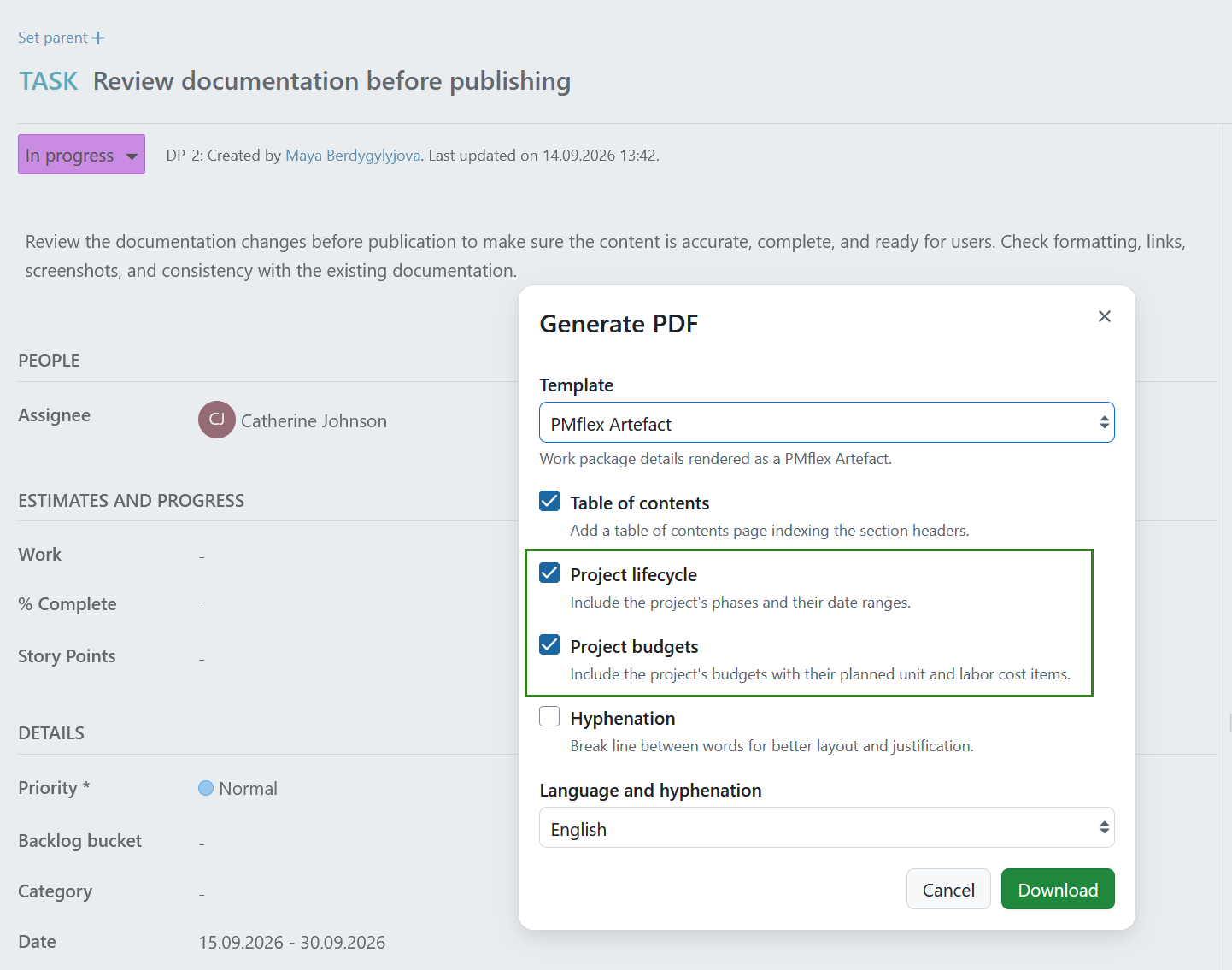 Project lifecycle and budget information in a PMflex artefact PDF export