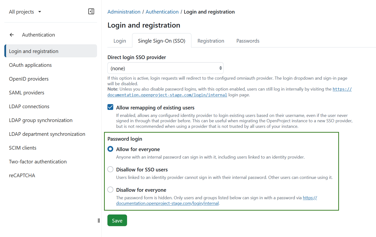 Configuring the password login policy for Single Sign-On in OpenProject