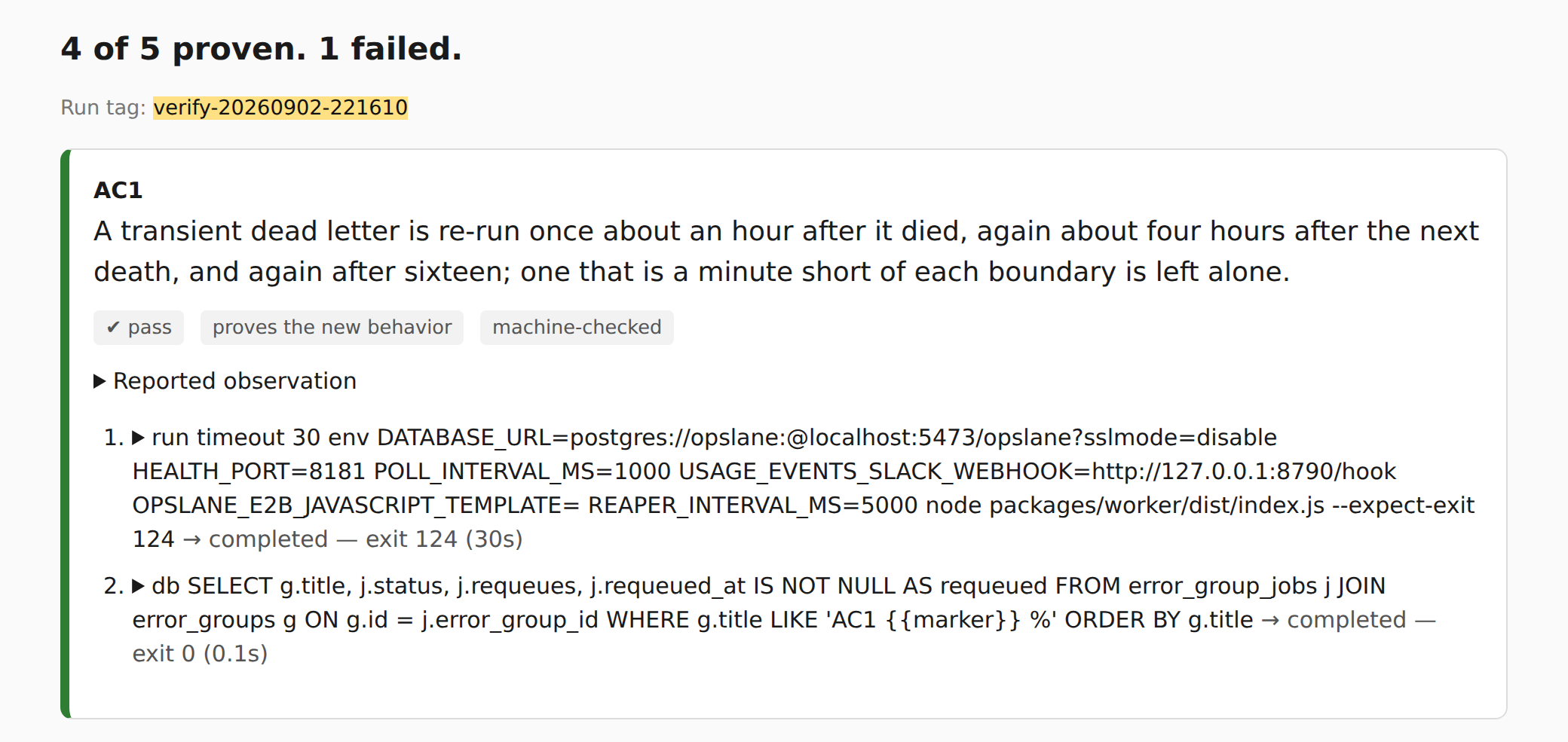 A Verify report. The headline reads 4 of 5 proven, 1 failed, above a criterion card with its plain-language claim, its pass badges, and the two commands that ran with their exit codes