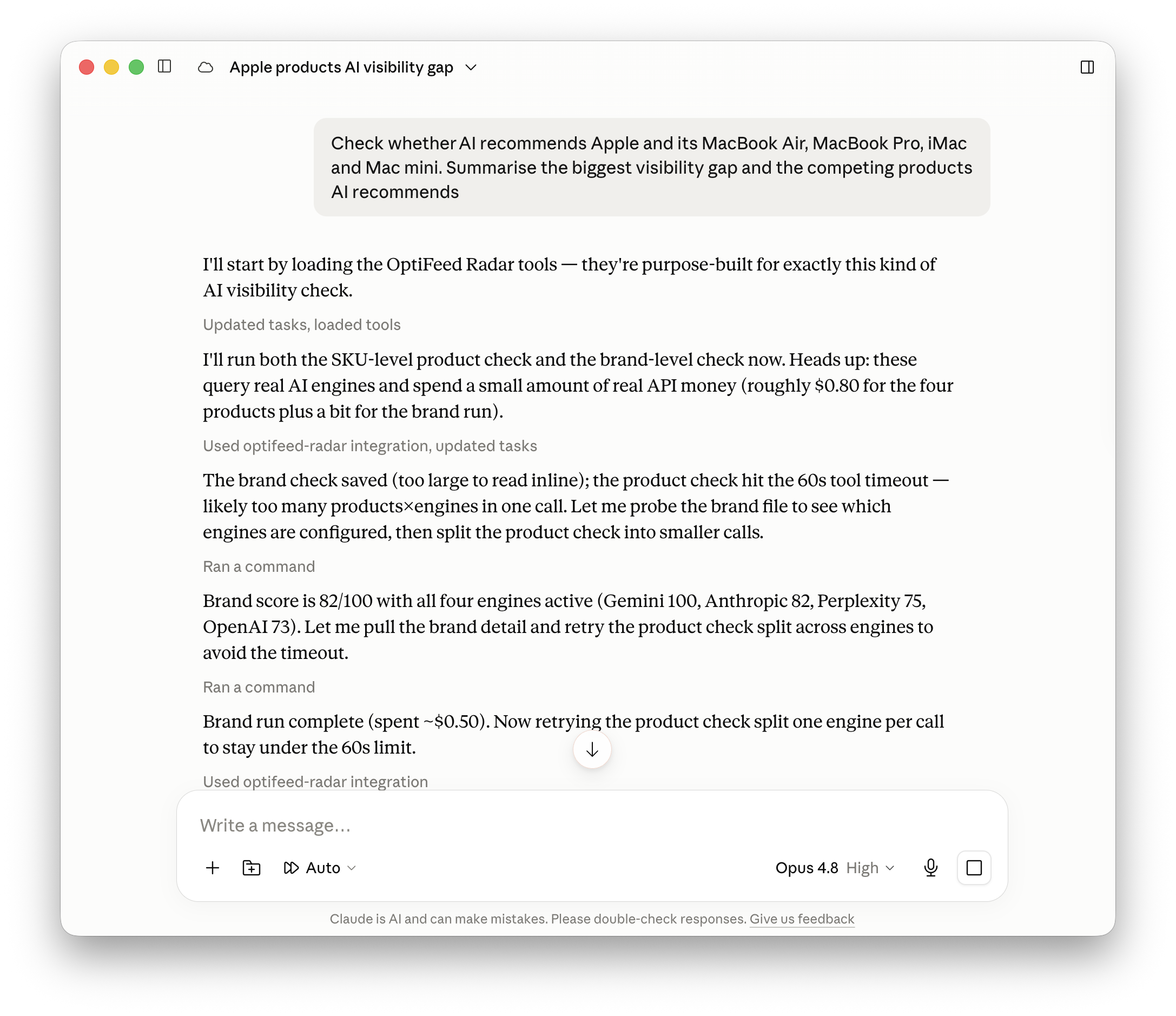 Optifeed Radar running through Claude Desktop via MCP