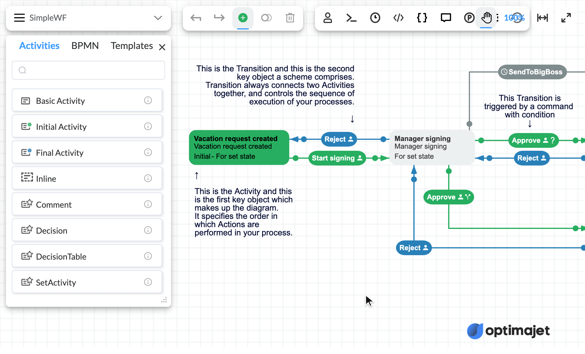 Workflow Designer in the browser, adding a Request cancelled step to a vacation request scheme and connecting it with a new Cancel command