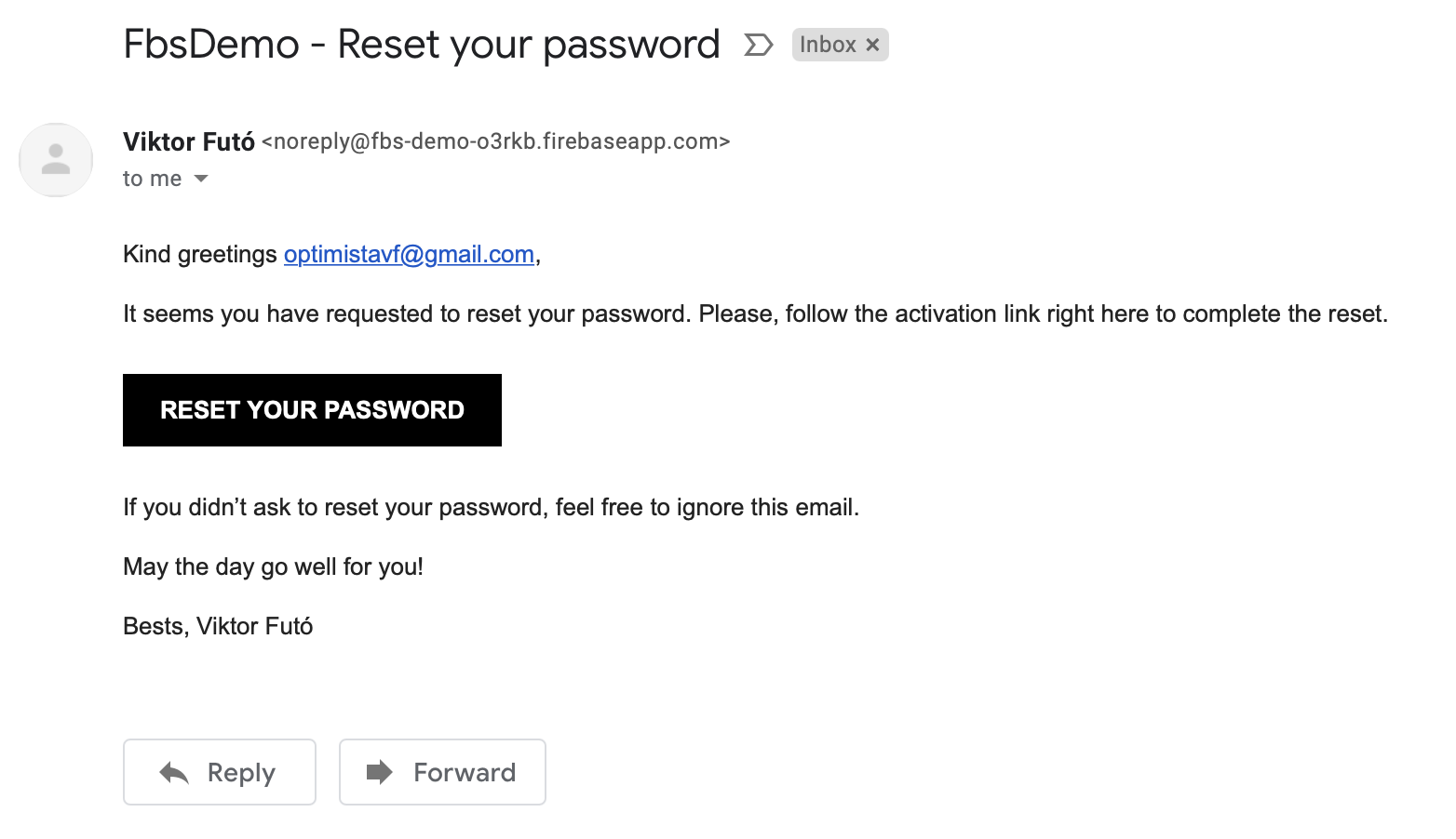 Screenshot of an e-mail that is sent on password reset