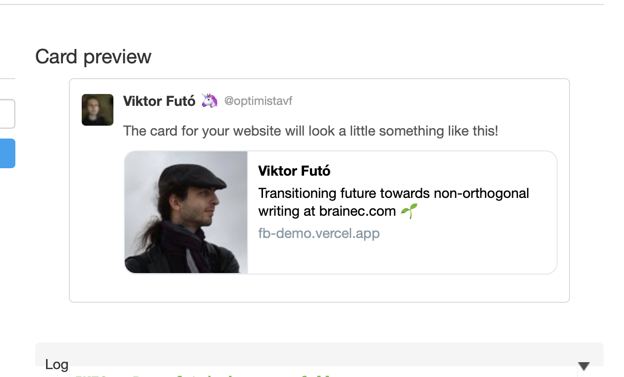 Screenshot of the twitter's card validator generating a preview of a tweet for the profile page generated by `fb` script