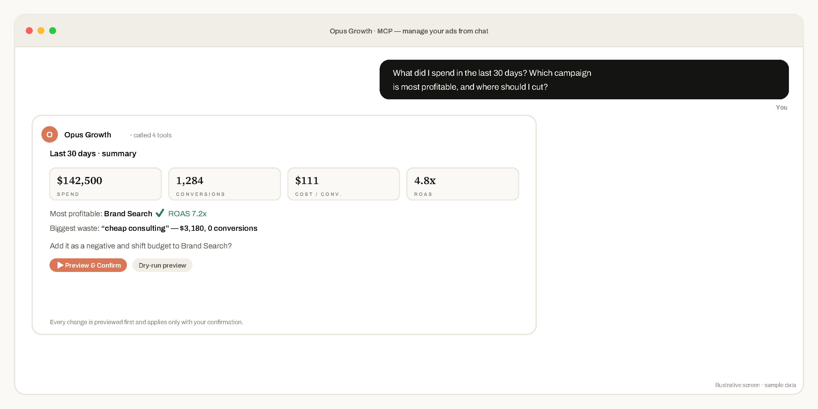 Managing Google Ads from an AI chat with Opus Growth — spend, ROAS and negative-keyword suggestions with preview and confirm