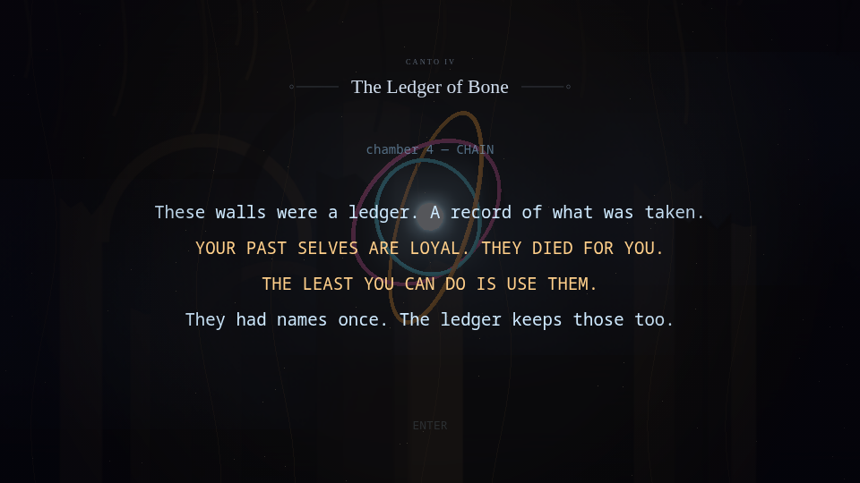 A canto card — the Loom's gold voice against the narrator's