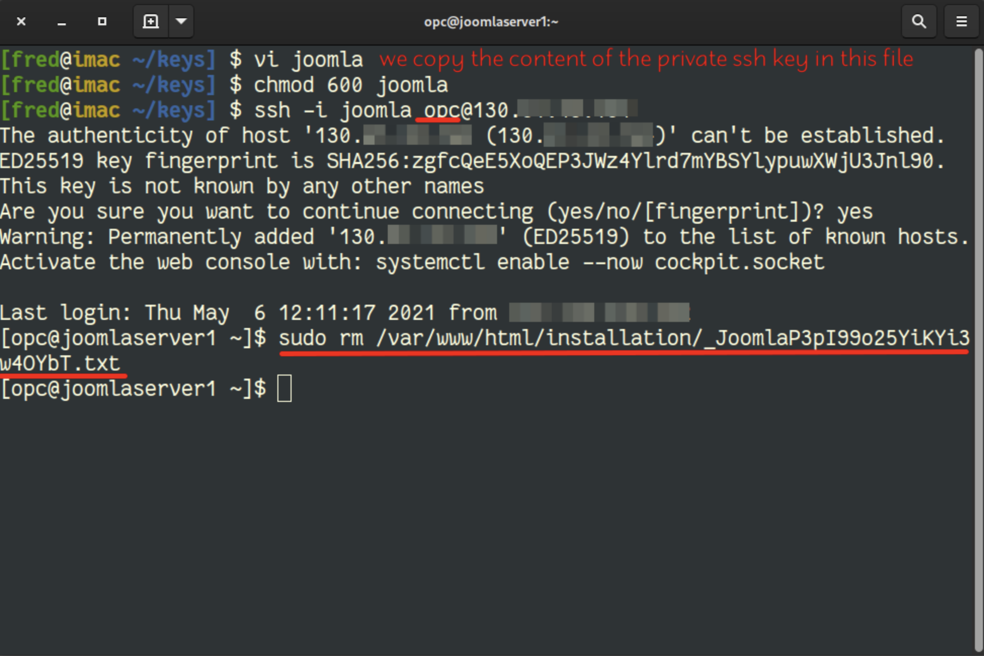Terminal highlighting SSH key needed to connect with Joomla