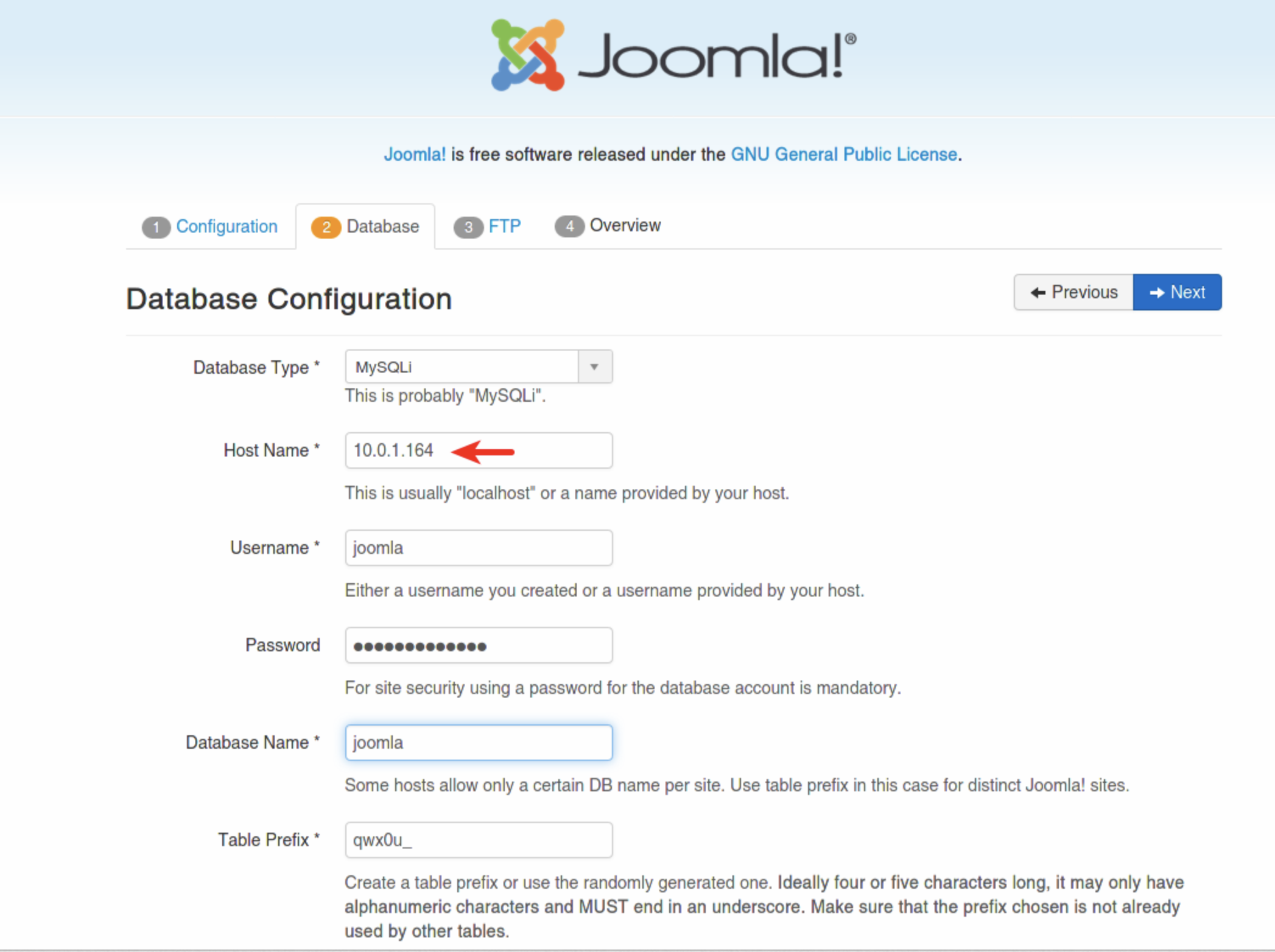 Joomla's Database Configuration window with complete forms, including database name and table prefix, and username, among other fields
