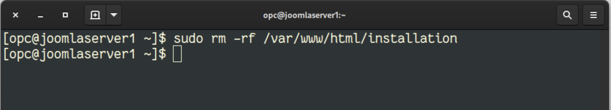 Terminal with command to delete Joomla's installation folder