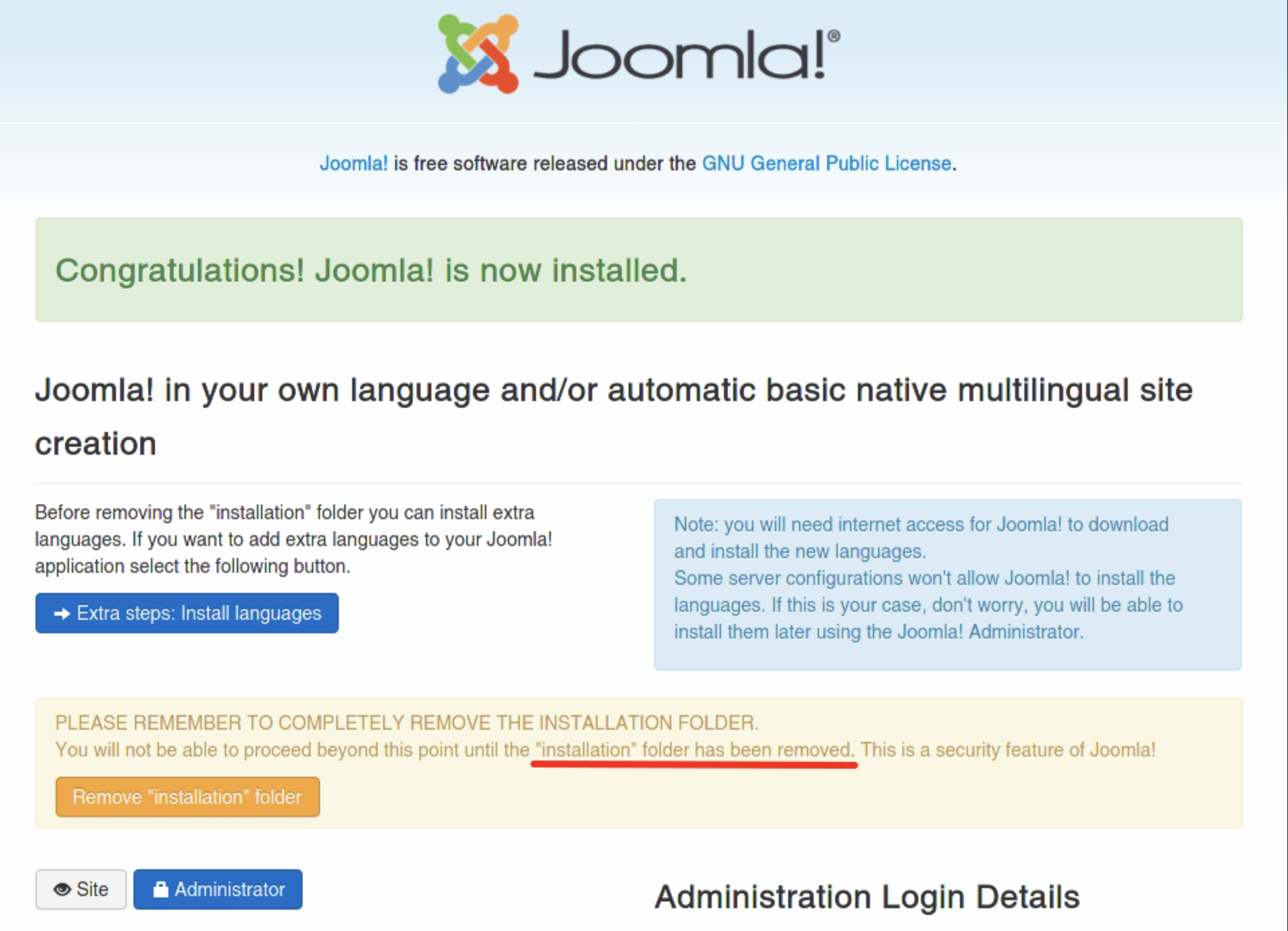Success message in Joomla after installing it