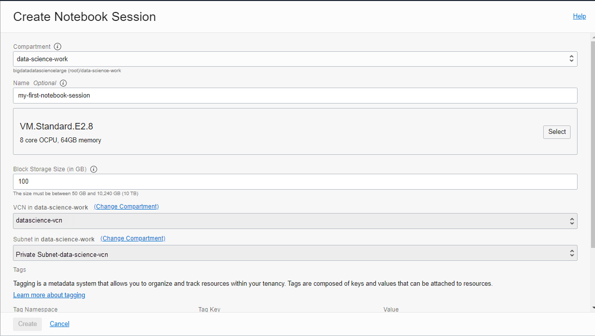 The create notebook session configuration page.