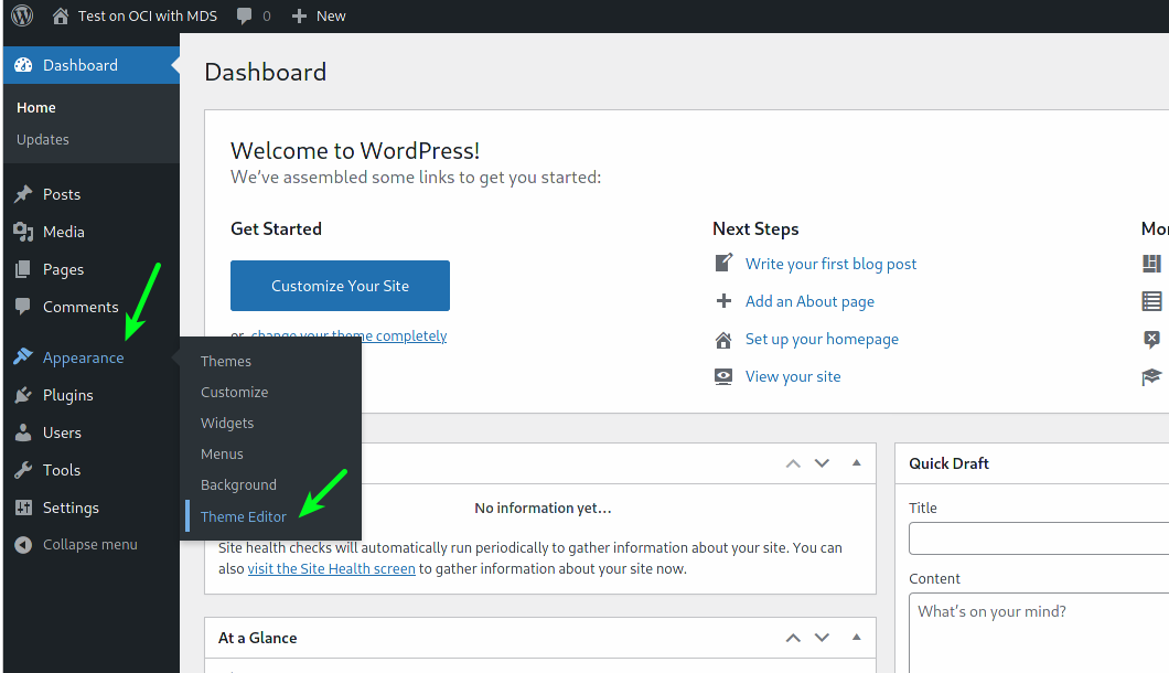 WordPress theme editor dashboard