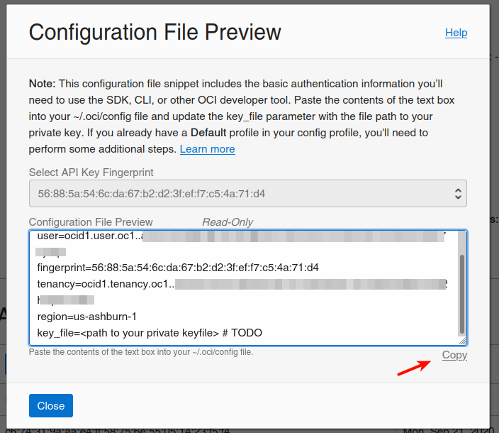 OCI configuration file preview