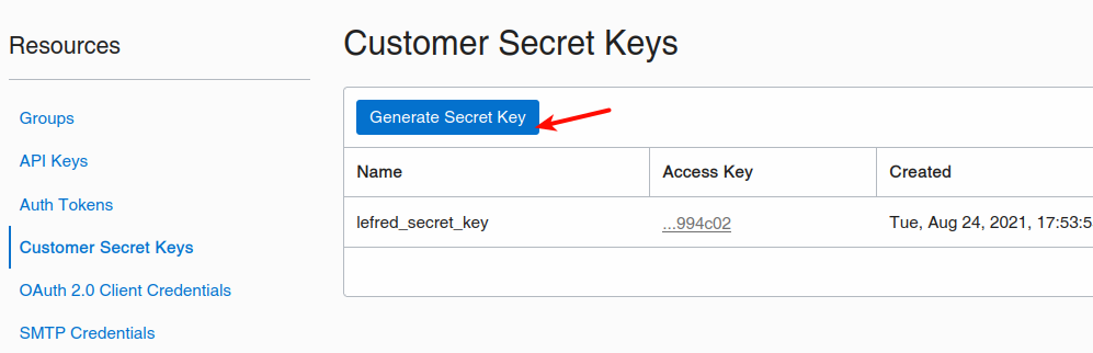The Generate Customer Keys button displayed with OCI's Resources panel displayed
