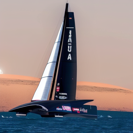 Generated image from the prompt "Press photo of an America's Cup catamaran sailing through the sands of Mars, high resolution, high quality"