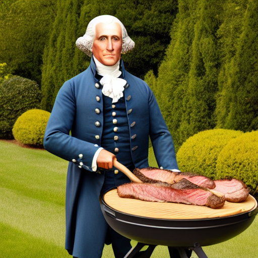 Generated image from the prompt "Professional photograph of George Washington in his garden grilling steaks, detailed face, high quality, 4k"
