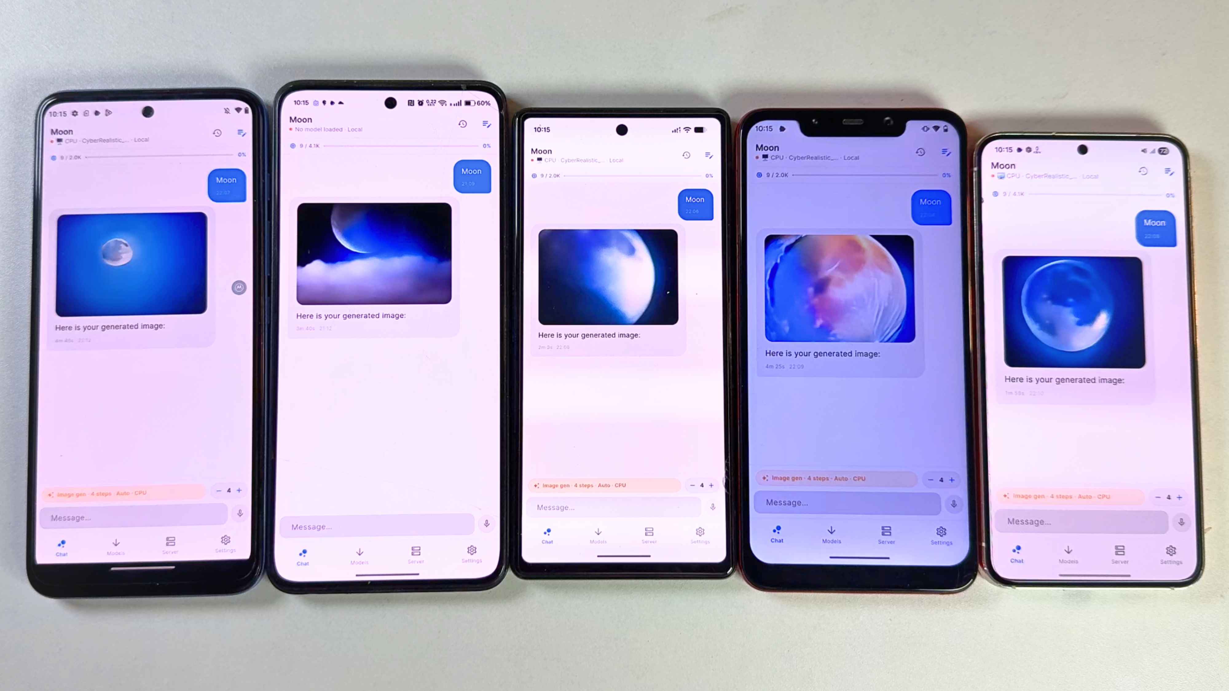 Image generation tested on Moto G71 (Snapdragon), Oneplus 10r (Mediatek), Pixel 6A (Tensor), Poco F1 (Snapdragon), Samsung s23 (Snapdragon) 4 steps fast