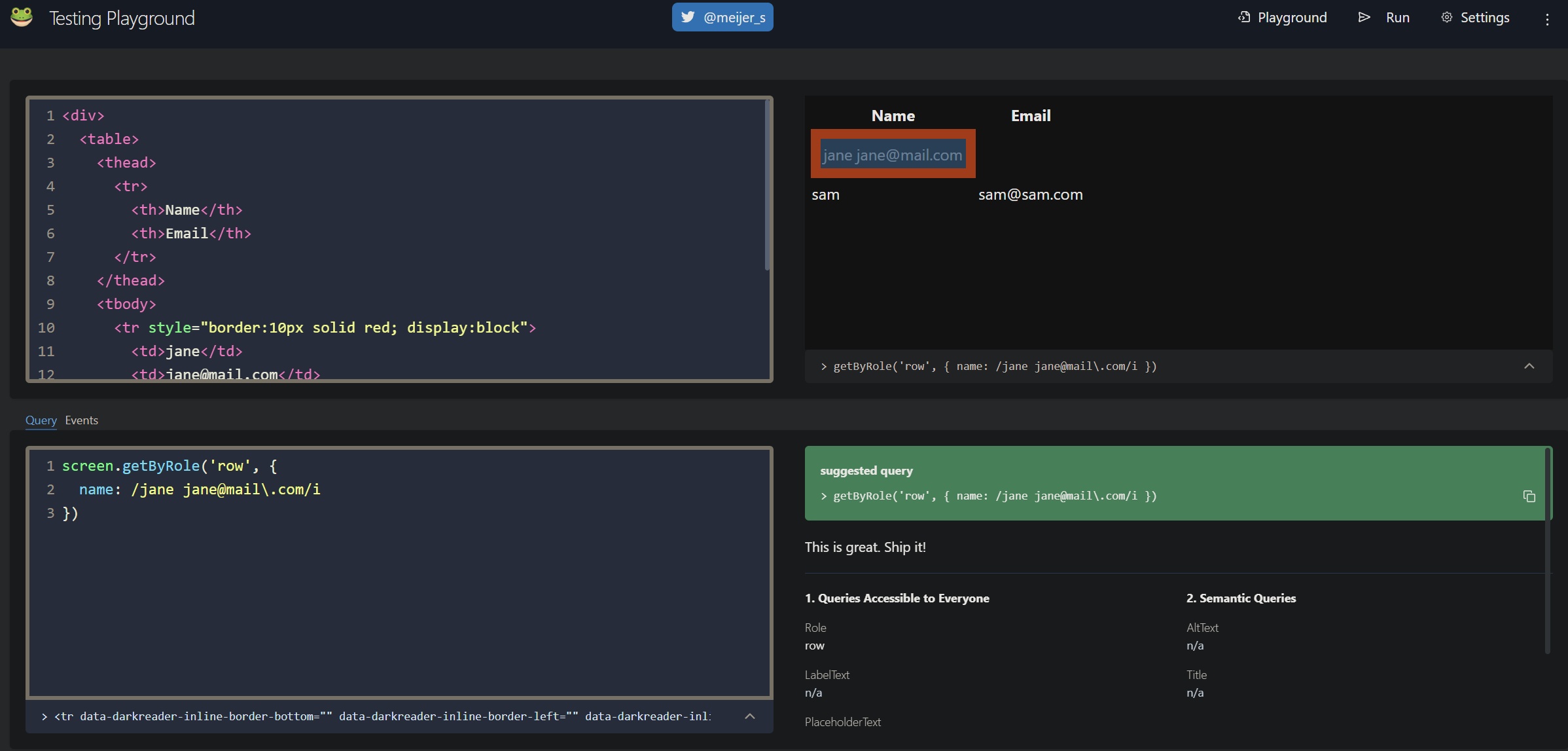 Testing Playground Select Rows