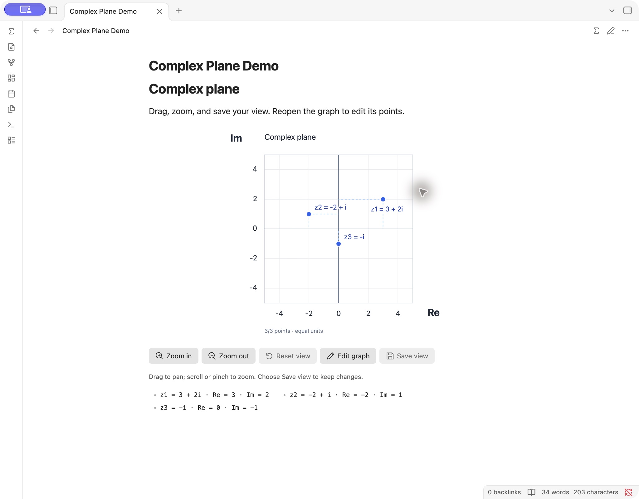 Saved complex plane in an Obsidian note, with 3+2i, Re/Im axes, zoom and Save view controls