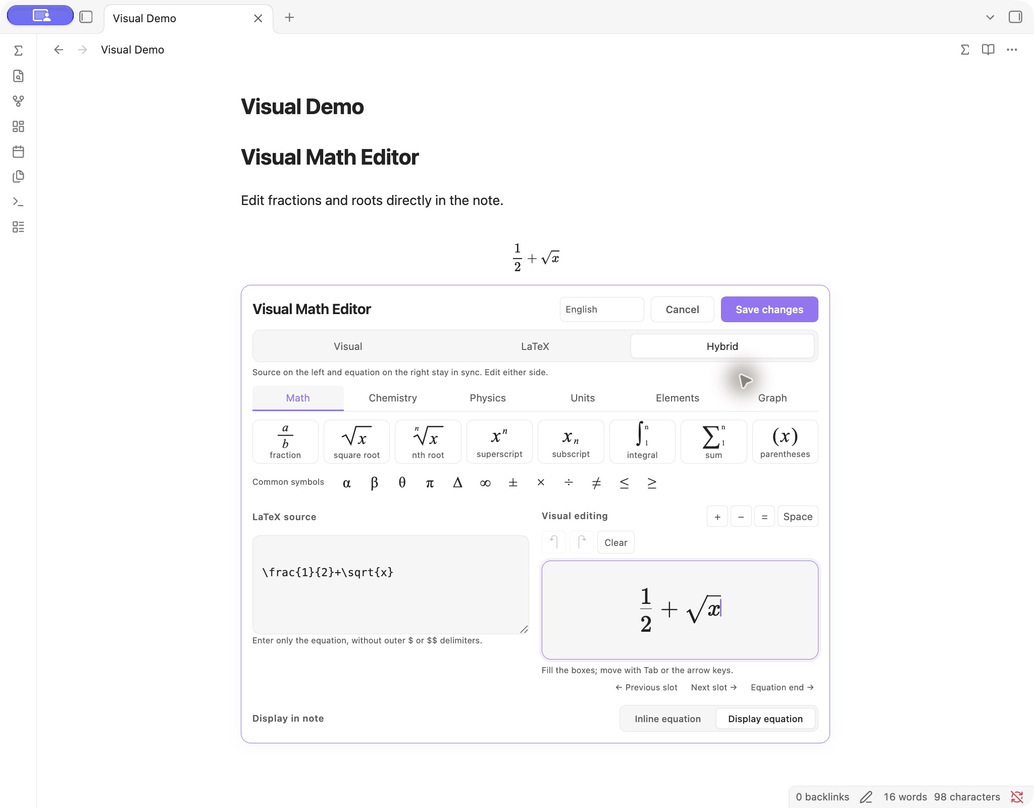 Hybrid mode synchronizes LaTeX source and the formatted equation