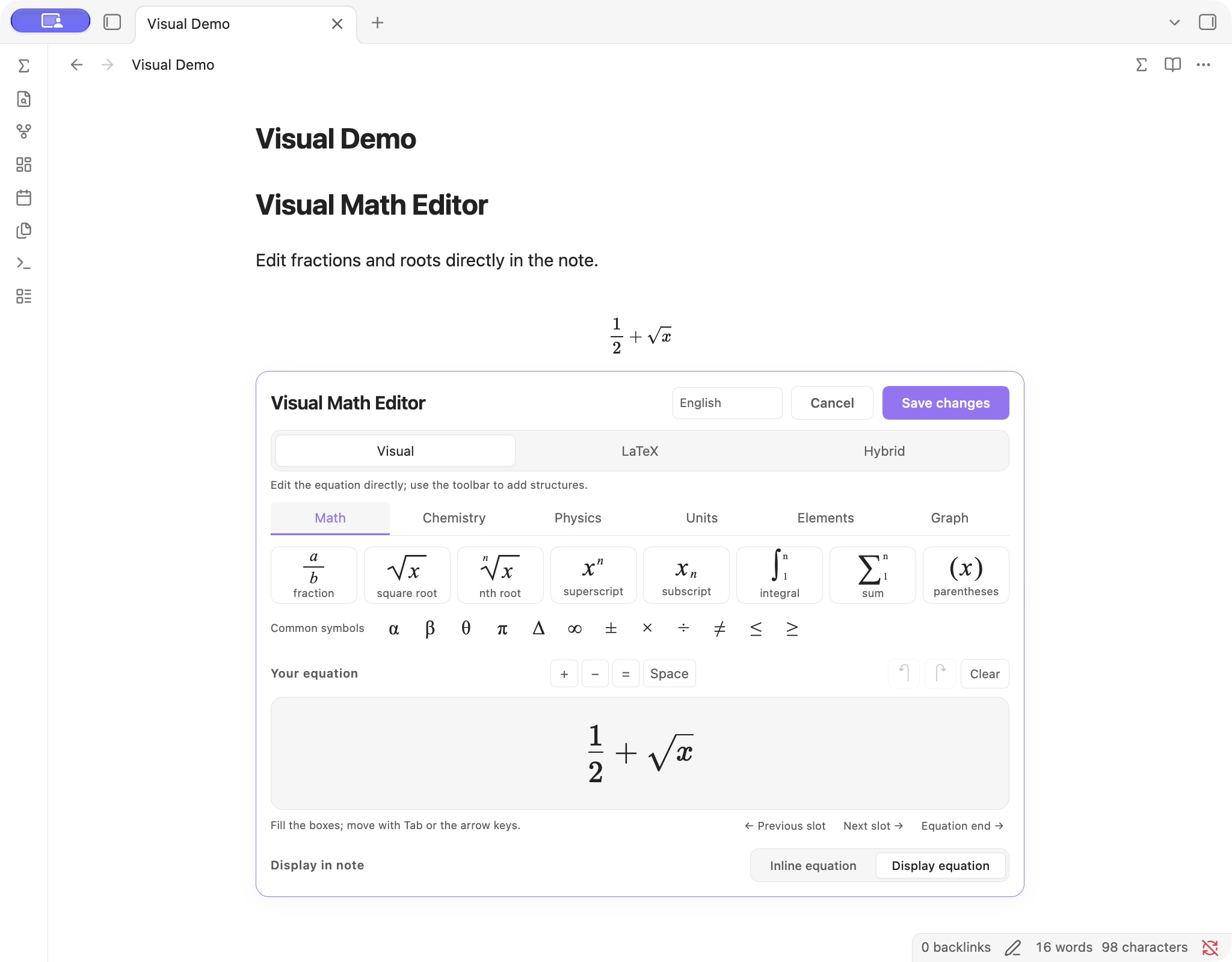 Visual mode with fraction, root and script structure controls