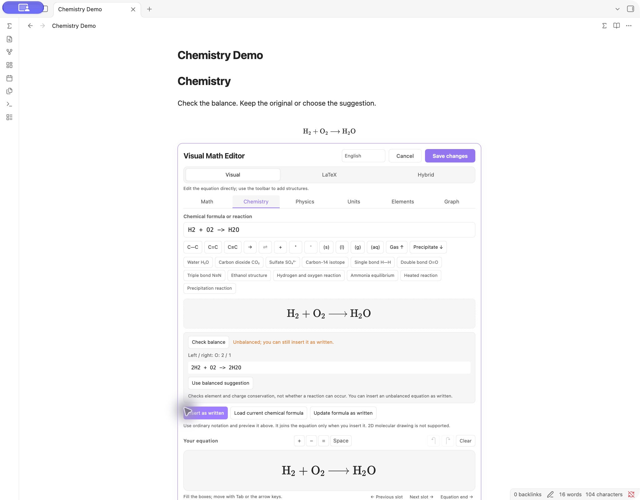 Chemistry input, formatted preview and an optional balance suggestion