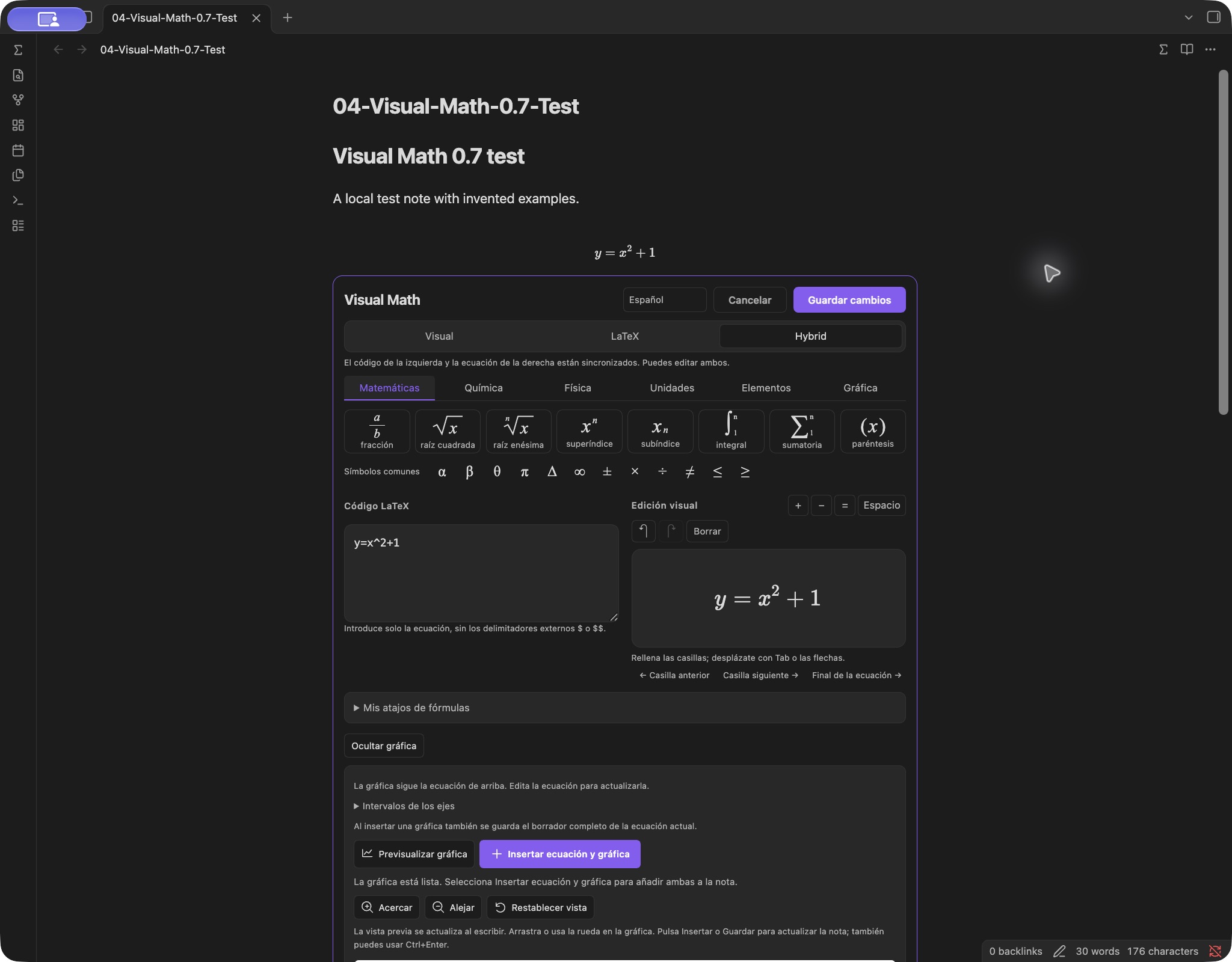 Visual Math 0.7.0 Spanish Hybrid editor inside an Obsidian note