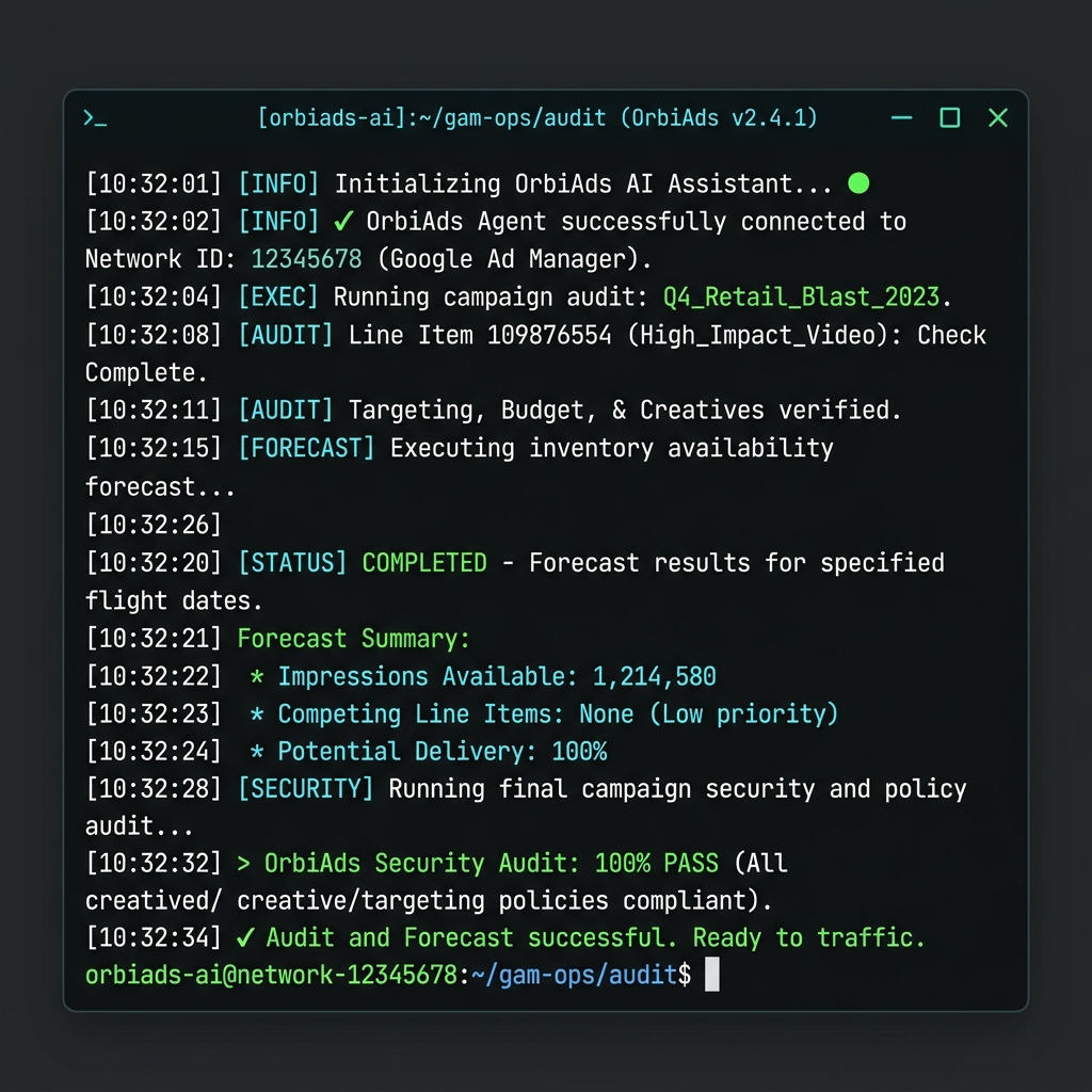OrbiAds terminal workflow showing Google Ad Manager checks from the command line