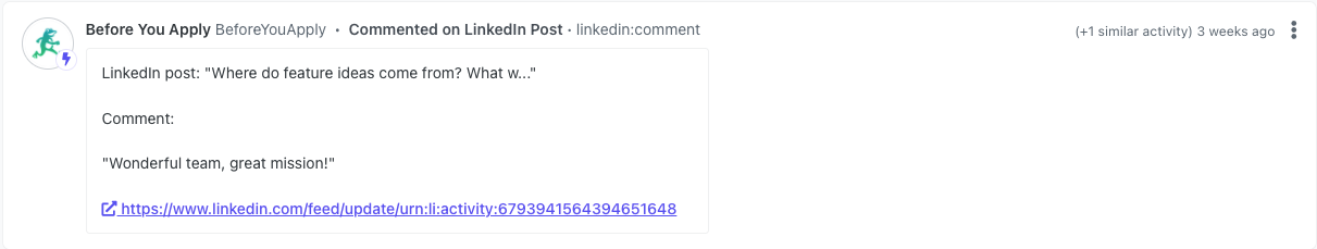 New LinkedIn post comment in Orbit screenshot