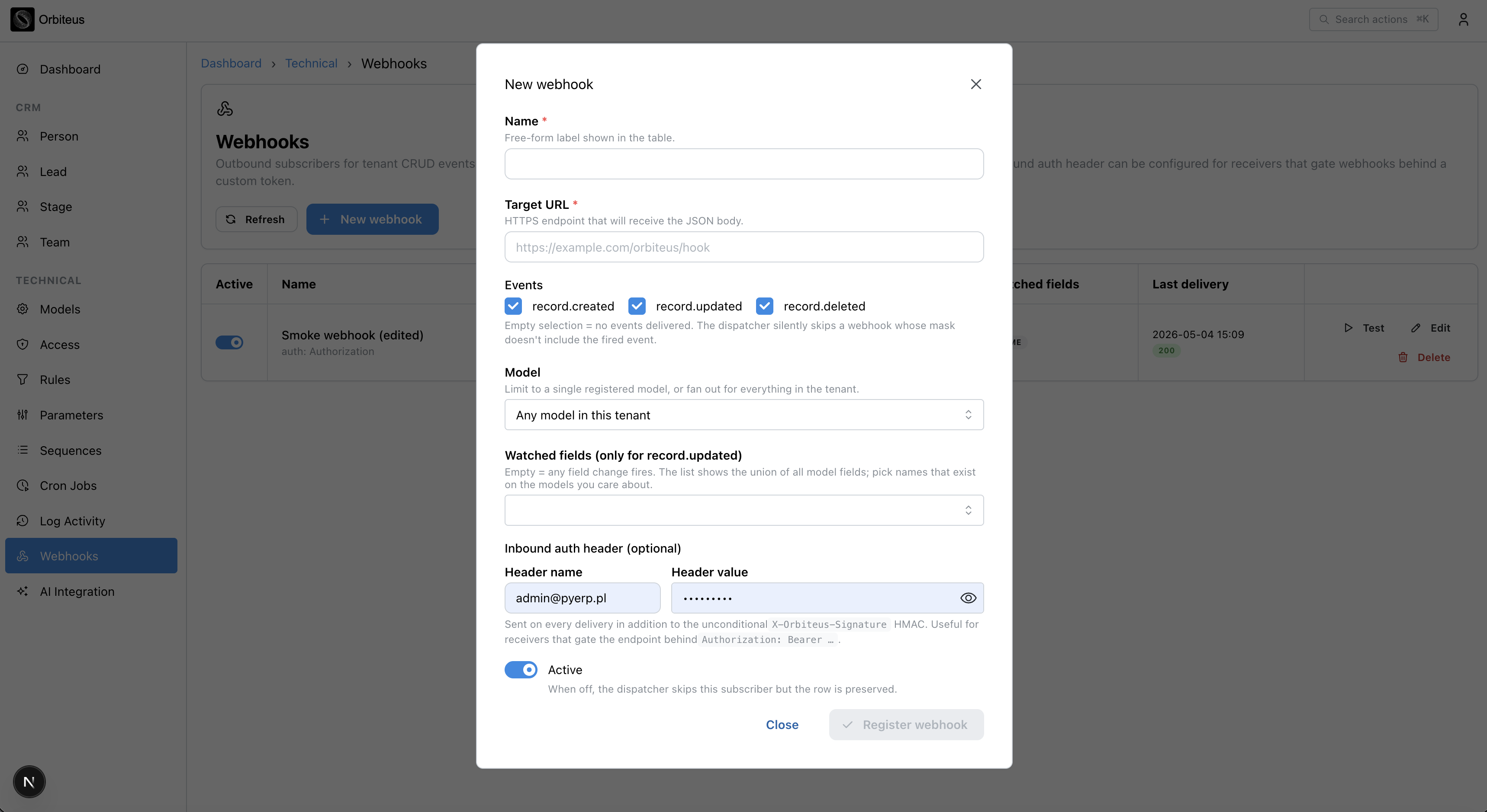 New webhook form