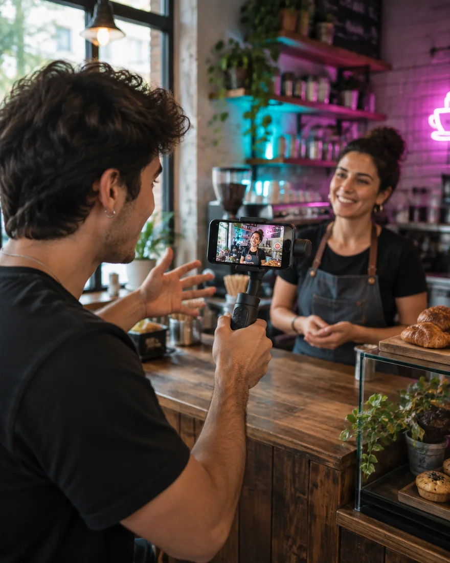 יוצר תוכן מצלם בעלת עסק בטלפון, ביום צילום בשטח