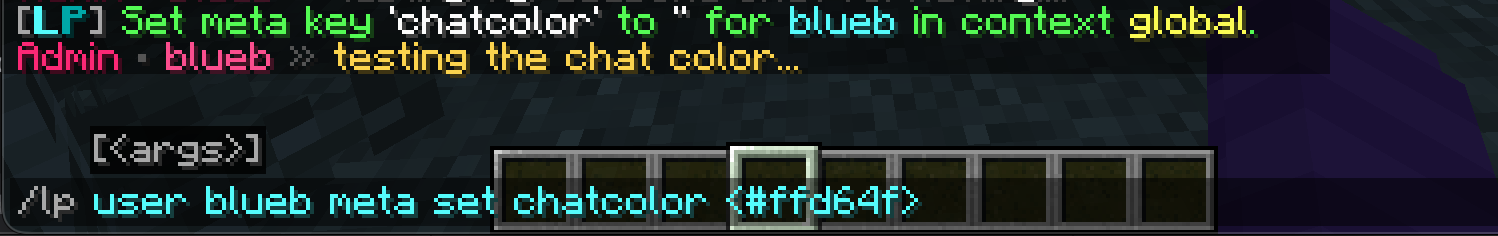 Screenshot showing a LuckPerms command setting a meta value for chatcolor and a chat message with the chat color applied