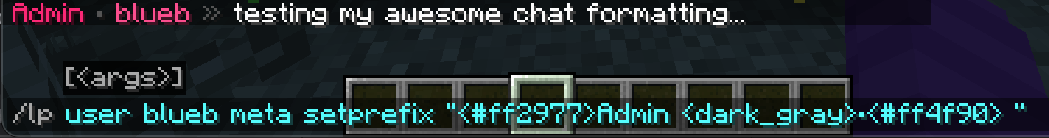 Screenshot showing a LuckPerms command setting a prefix and a chat message with the prefix applied
