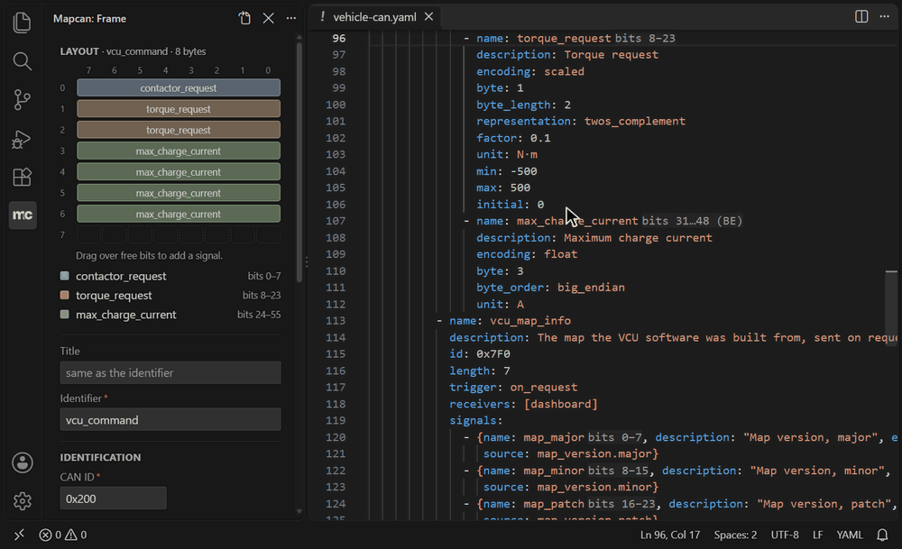 A signal drawn on free bits of the layout appears in the YAML, gets a name and an encoding, is made longer by its edge, and dragged over another signal the overlap is marked at once