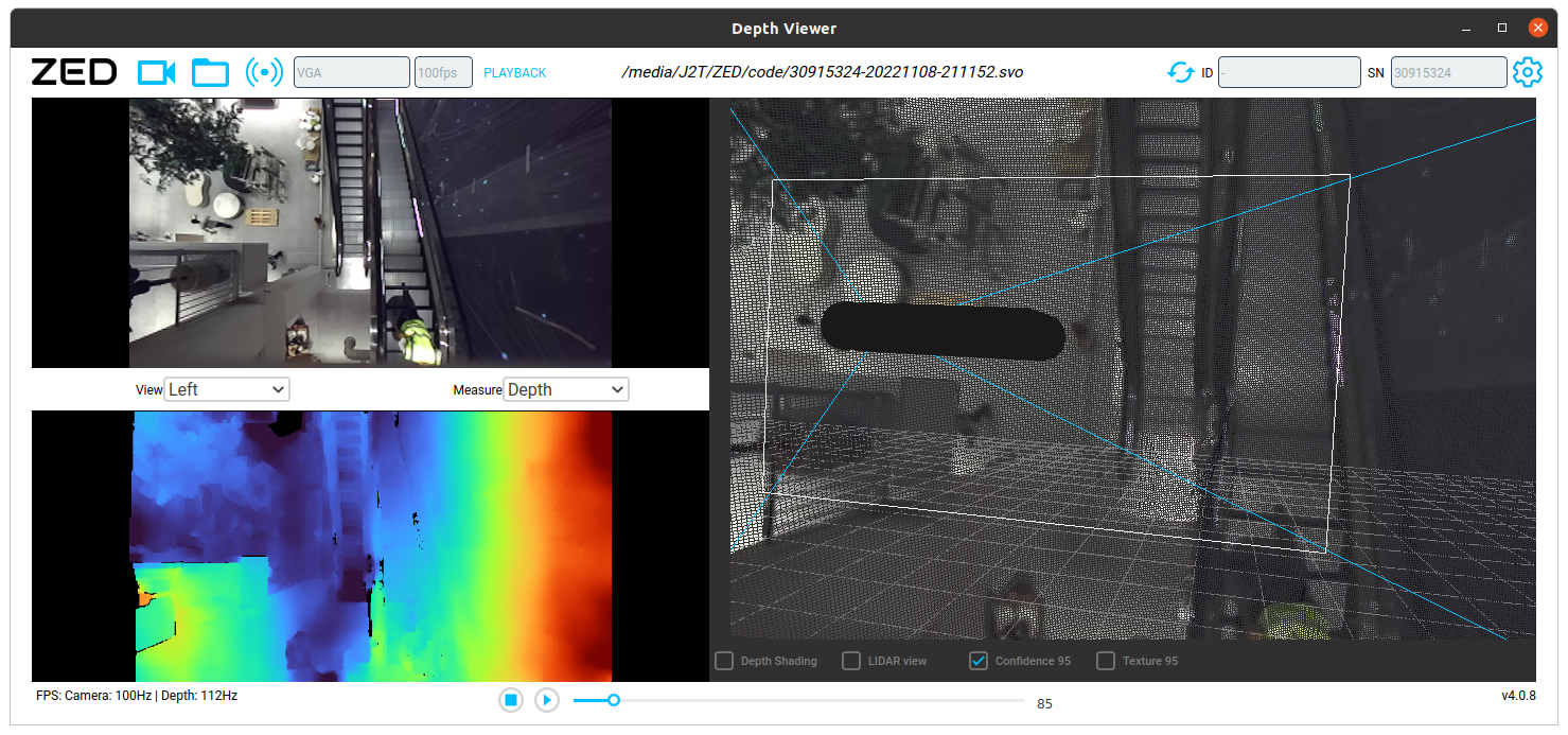 ZED Depth Viewer example display RGB, depth and point cloud data