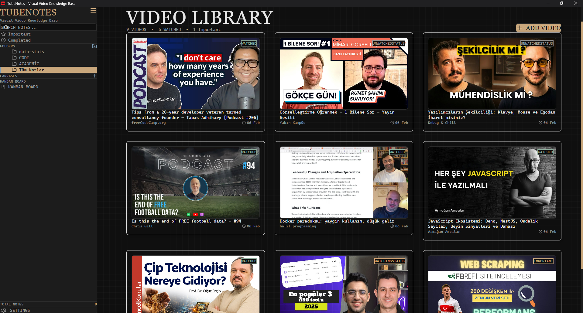 TubeNotes desktop app video library view — organize YouTube video notes in a cyberpunk-themed interface with thumbnails and metadata