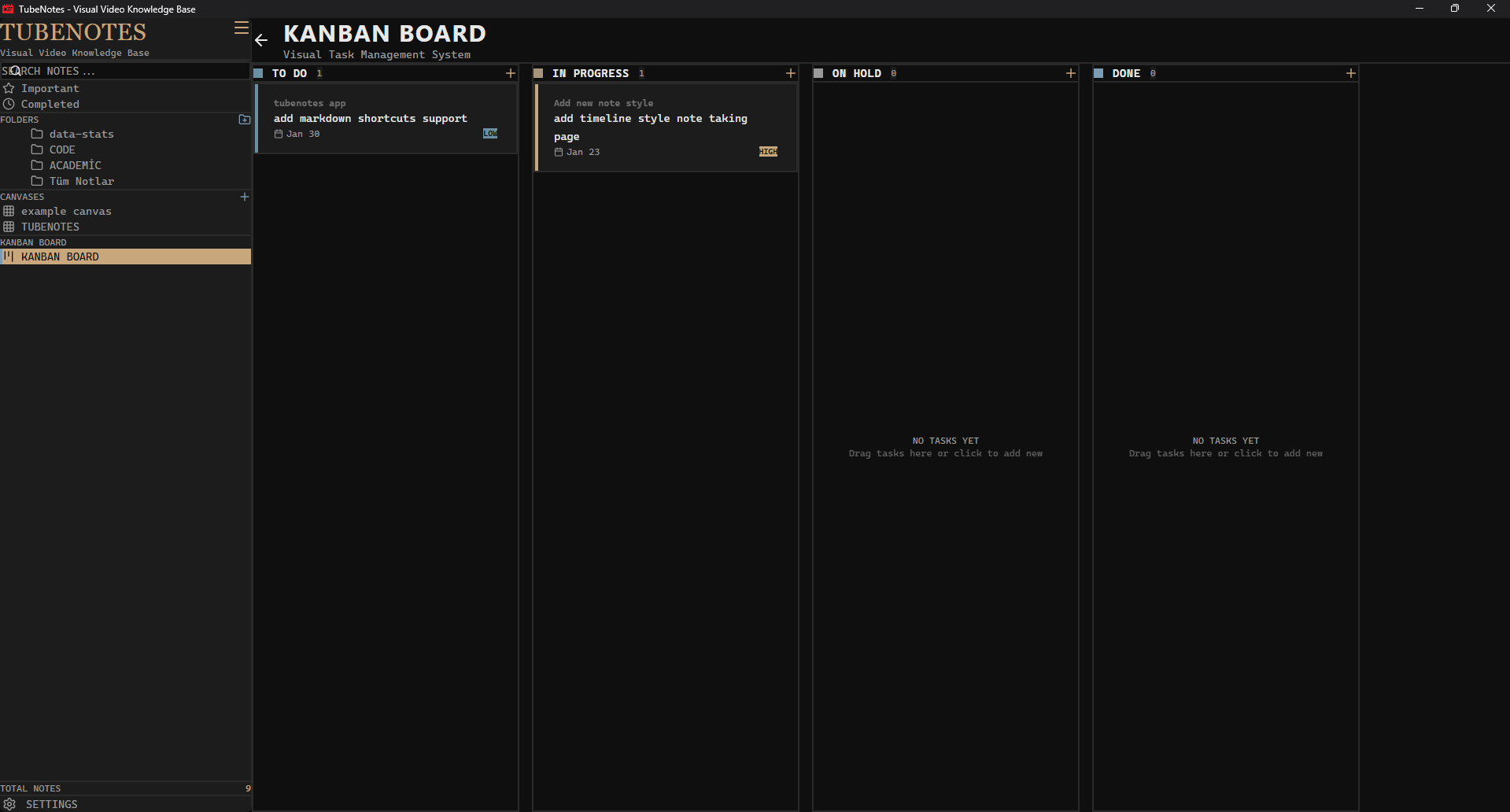 TubeNotes Kanban board view — manage video study progress with drag-and-drop columns and task cards