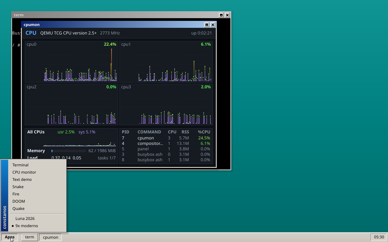 The same desktop with the modern 9x theme and its start menu with the vertical strip