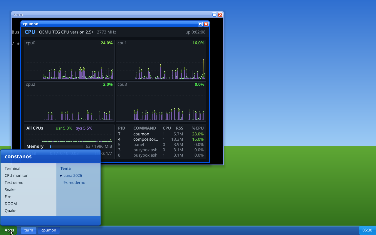 Luna theme start menu, with the applications and the theme picker