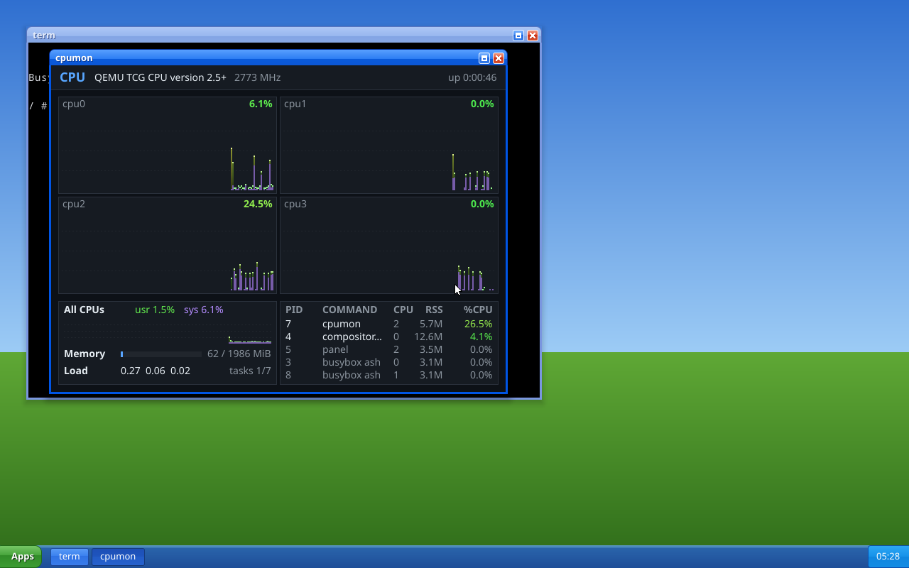The constanos desktop with the Luna theme: a terminal and cpumon with four CPUs in windows, taskbar with the Apps button