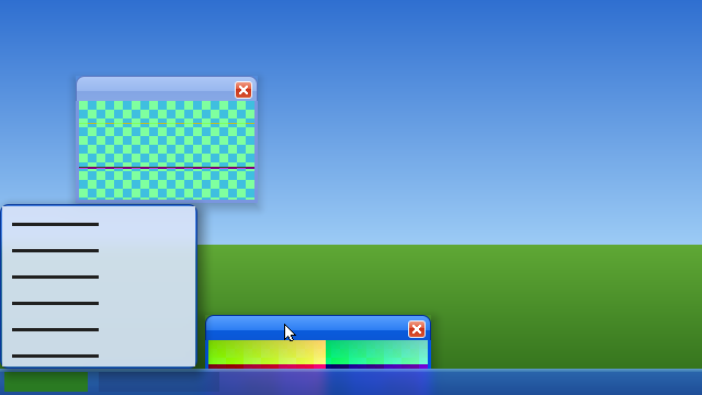 A frame from the GPU renderer: glass taskbar and menu with the blurred background behind them, translucent windows